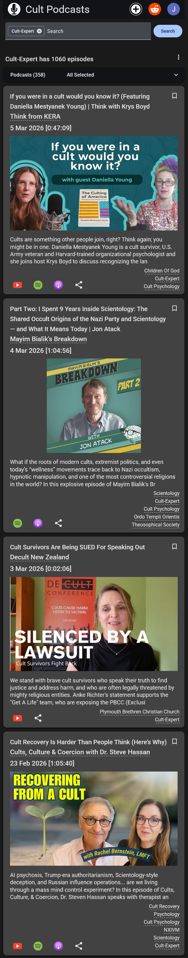 CultPodcasts website in dark mode
